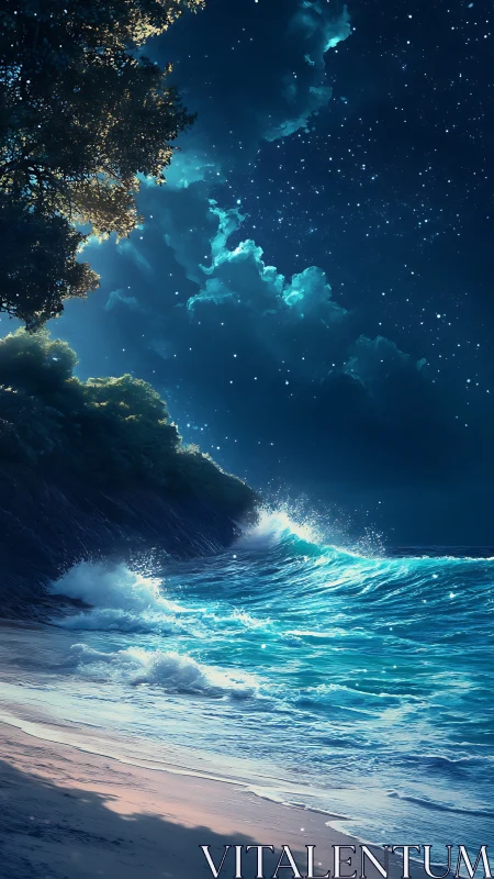 Starlit waves crash onto a serene midnight forest shore