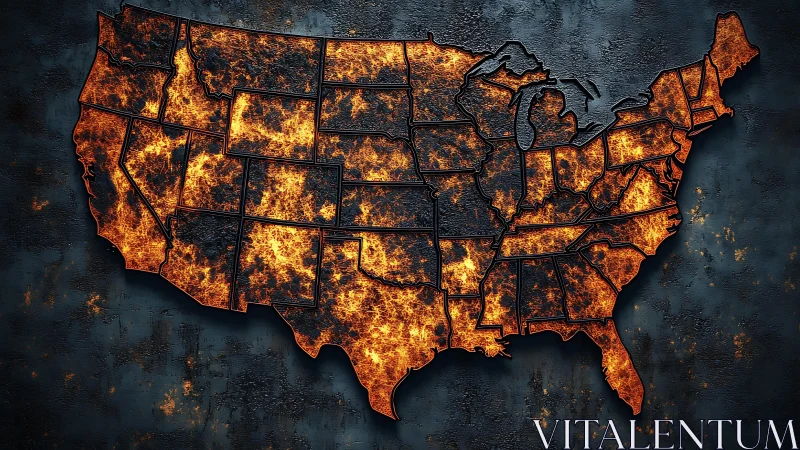 United States Map Ablaze with Molten Fire and Rust.