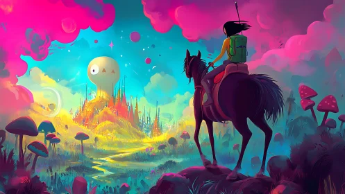 Rider on horseback observes luminous alien valley landscape
