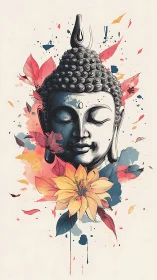Tranquil Buddha portrait with blooming watercolor florals.