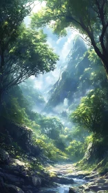 Misty Mountain Gorge with Ancient Forest Canopy and Stream.