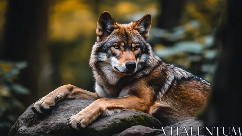 Forest throne for a golden‑eyed wolf king at rest.