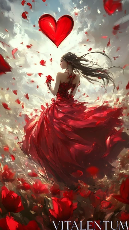 Woman in Crimson Gown with Radiant Heart Symbol Composition.