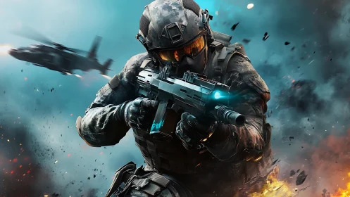 Futuristic infantry soldier advancing in digital battle zone.