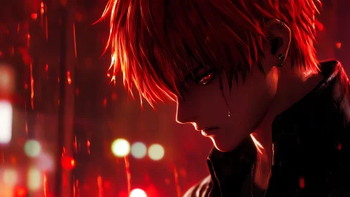 Rain-soaked red-haired loner in glowing city nightscape.