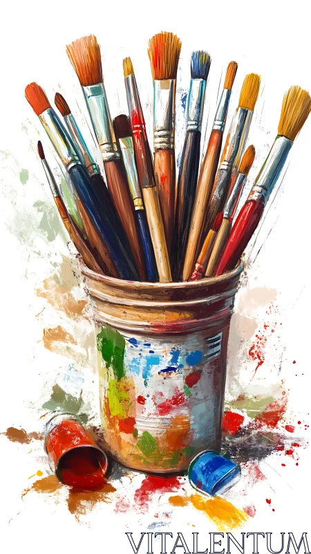 Mixed paintbrush cluster in splattered metal studio can.