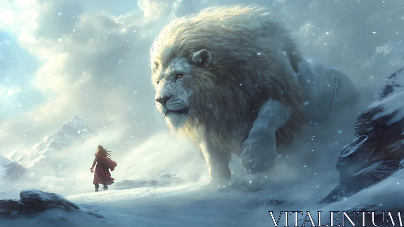 Colossal spectral lion guarding lone traveler in blizzard.