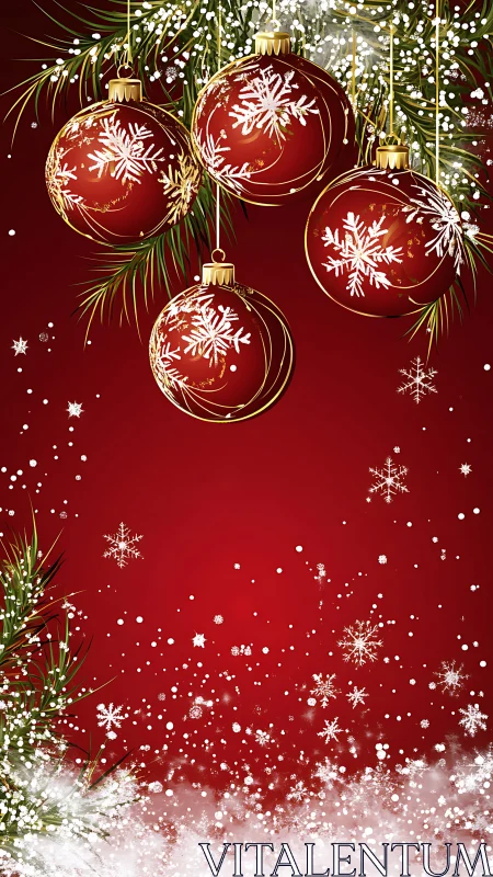 Red Christmas ornaments with snowflake pattern on pine boughs.