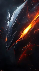 Metallic angular mask encloses molten fiery core vertically