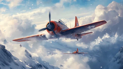 Prop-driven trainer aircraft cut through dynamic alpine cloud layers