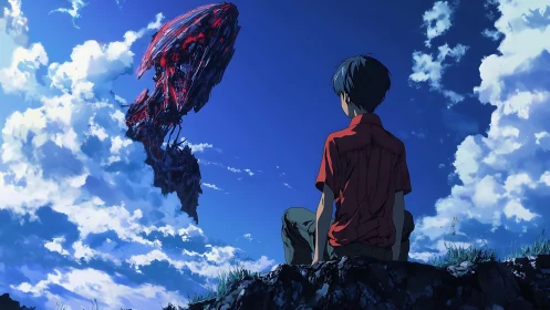 Solitary boy studies biomechanical sky leviathan in deep perspective