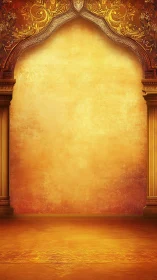 Ornate golden archway frames textured empty wall space
