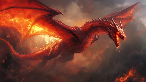 Infernal crimson dragon soaring over smoldering ruins.