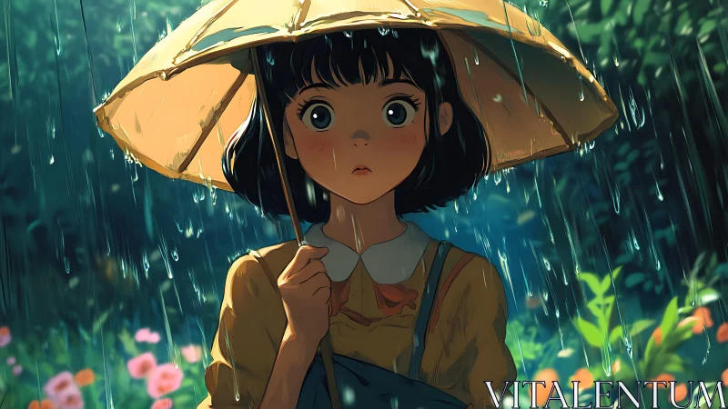Wide eyed girl under a sunny umbrella in soft summer rain.
