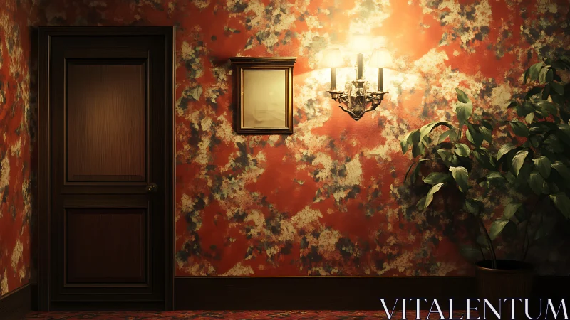 Velvet hallway hush with glowing sconce and secretive door.