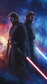 Dual robed warriors with opposing energy blades in nebular void