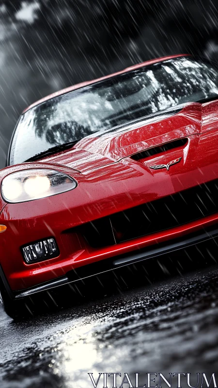 Red sports car front view is captured in heavy rainfall