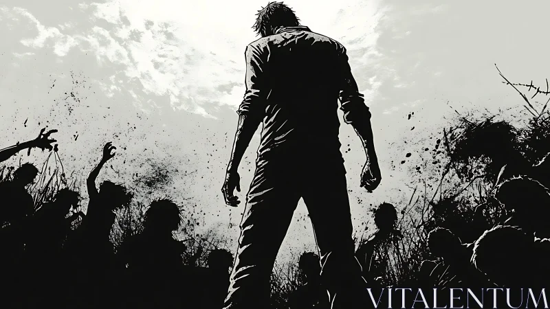 Lone survivor confronts encircling horde in stark monochrome field