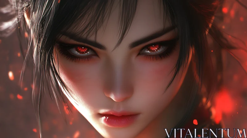 Fierce red eyed heroine stares into glowing ember haze