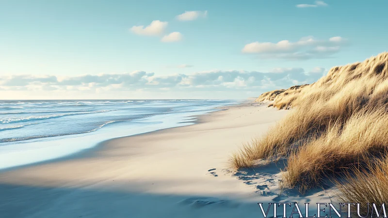 Coastal dunes with windswept grasses along tranquil shoreline.