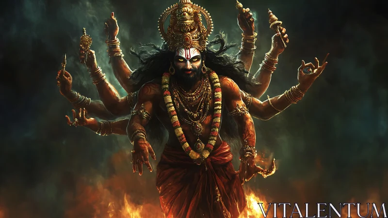 Fiery many-armed deity strides through swirling shadows.