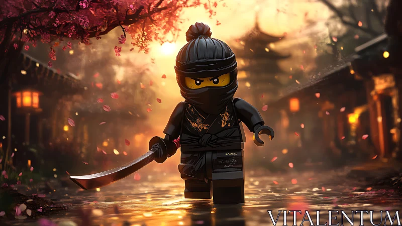 Toy ninja warrior strides through cherry blossom dusk.