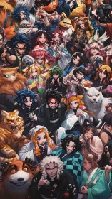 Vibrant anime ensemble with dynamic heroes and spirit beasts.