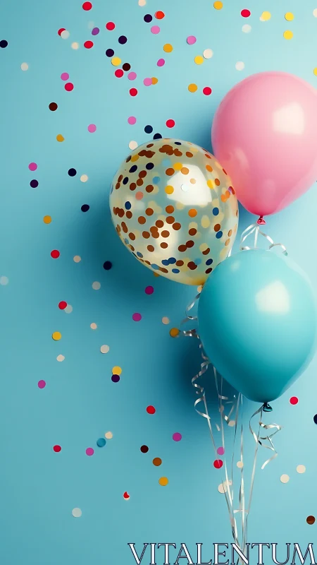 Confetti Dreams Ascending: Three Balloons Dance Through Sky.