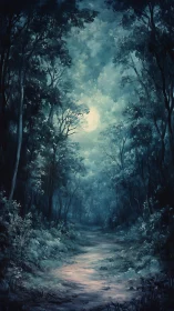 Moonlit forest corridor hums softly with painted twilight mist