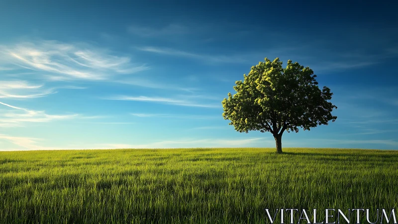 Lone tree in lush green field under vibrant blue sky, realistic style.