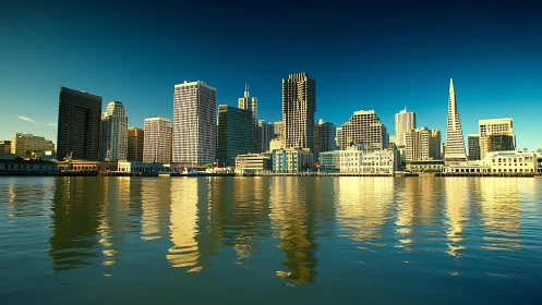 San Francisco waterfront skyline rendered in warm golden light