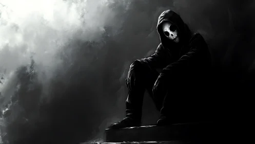 Hooded skull figure broods on steps in stormy shadows.