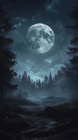 Full moon over misted conifer forest and rough ground path.