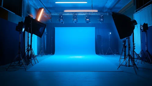 Cinematic blue cyclorama studio with symmetrical LED key lighting
