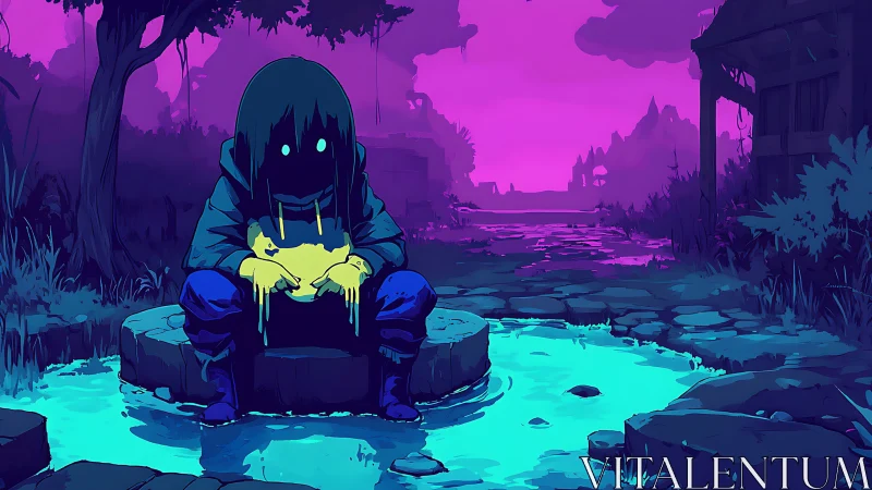 Hooded figure at neon stream in moody bioluminescent dusk.