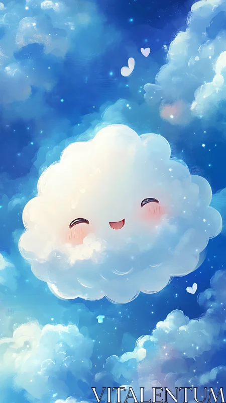 Smiling blushy cloud drifts through dreamy starlit sky.
