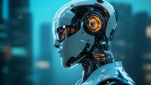 Cyan-lit android profile with exposed luminous circuitry detail.