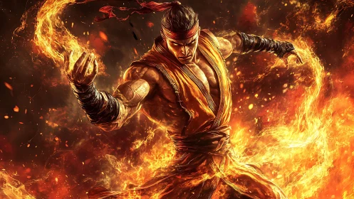 Digital painting of flame-wielding martial warrior in motion.