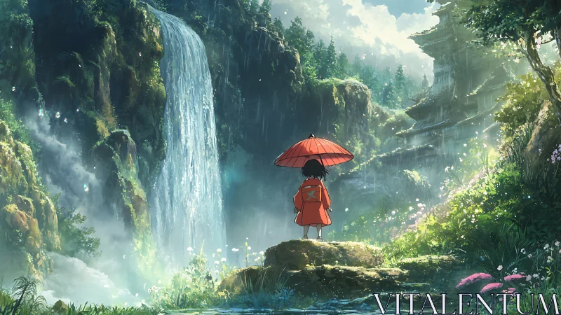 Solitary figure under umbrella observing large waterfall.