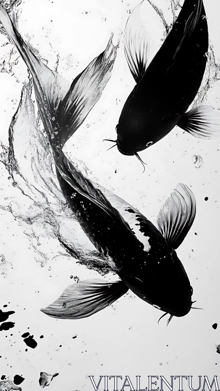 Monochrome koi in dynamic splash-lit underwater ballet.