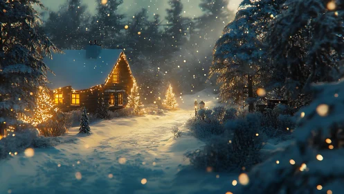 Digital painting winter cabin with luminous snow-laden evergreens.