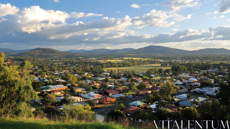 Sunlit country town cradled by rolling blue-green ranges.