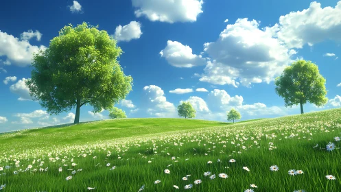 Sunny green hillside meadow with scattered trees and clouds.