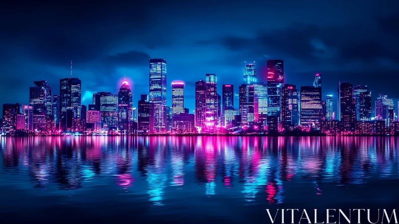 Neon cyberpunk skyline over reflective waterfront at night.
