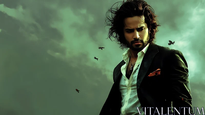 Brooding male figure under stormy teal sky in stylized portrait