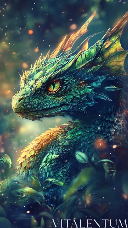Emerald forest dragon glows under drifting golden embers.