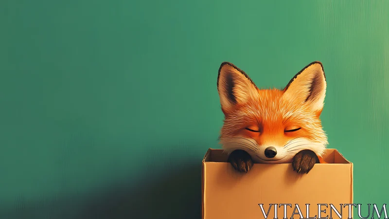 Sleepy cartoon fox nestles in a cozy cardboard box scene
