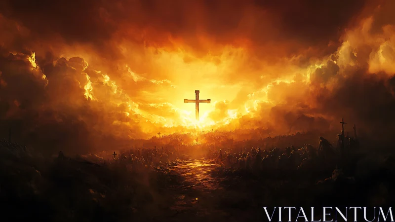 Fiery storm clouds encircle radiant cross at dusk horizon.