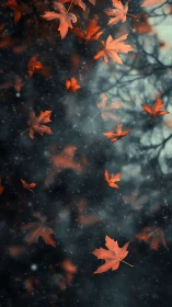 Cinematic depth-of-field cascade of falling maple foliage.