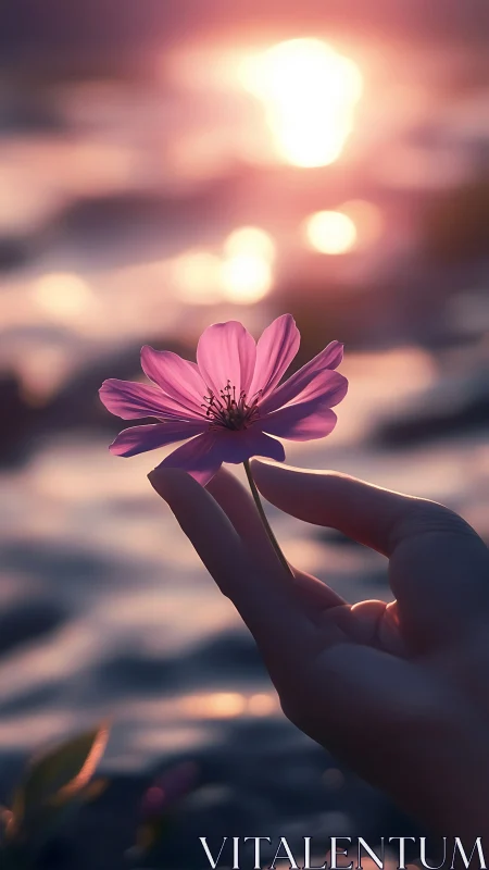 Hand holds single flower against defocused backlit water